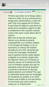 Texto escrito en el celular sobre infidelidad de Kaminski a Carla Jara.